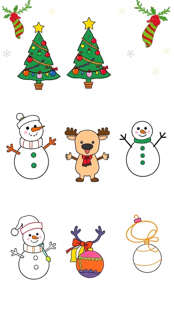 Cute Christmas drawings featuring a tree, snowman, reindeer, and ornaments.